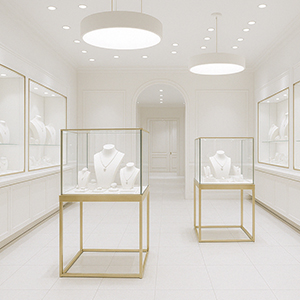 High-end jewelry boutique in Brisbane with gold-accented display cases, requiring advanced surveillance and access control for asset protection.