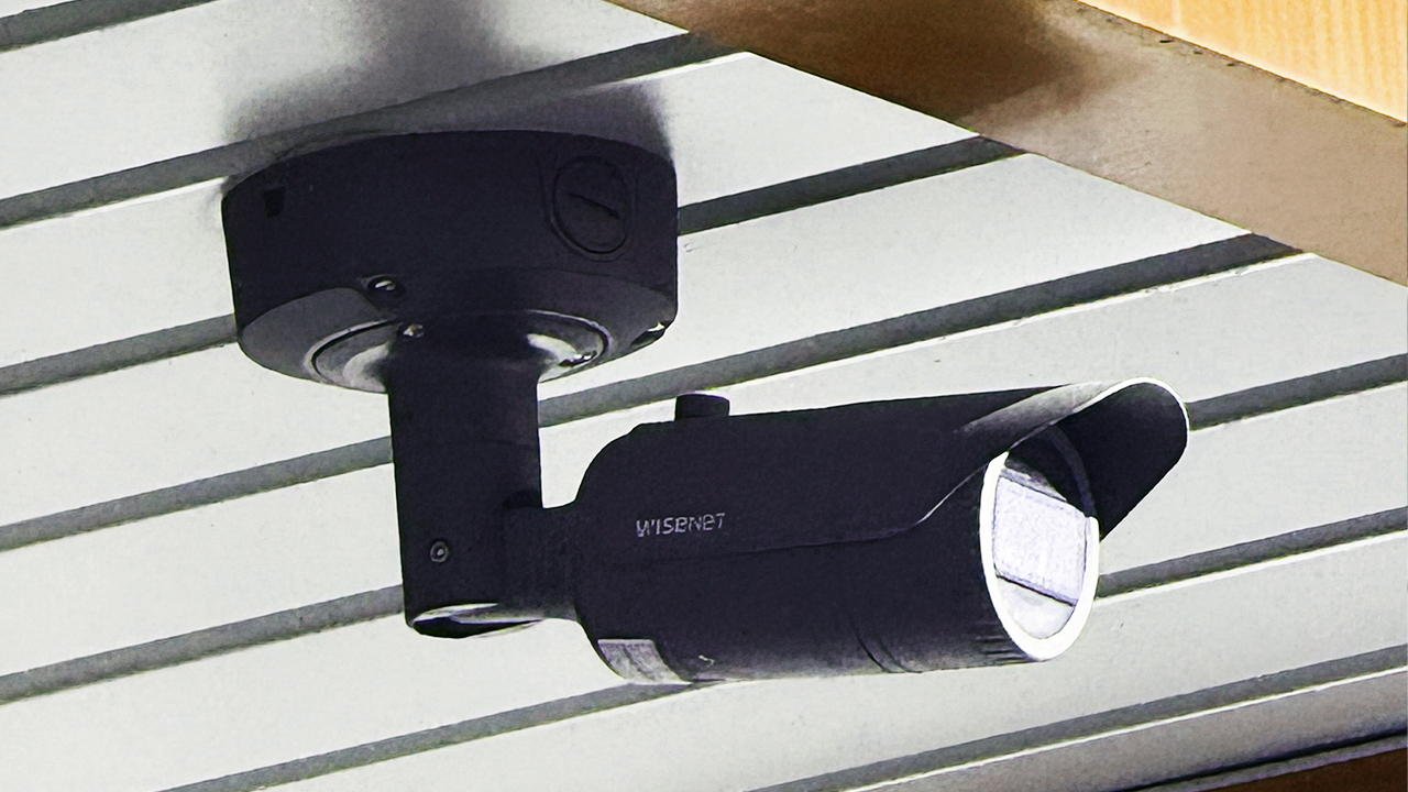 Comprehensive Solution -Hanwa Bullet Camera Installation – Brisbane Hanwa bullet security camera mounted under a slatted ceiling in Brisbane.